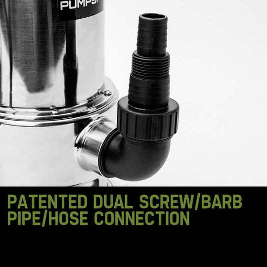 Close-up of Protege 1500W dirty water pump's patented dual screw/barb pipe hose connection for easy use and installation.