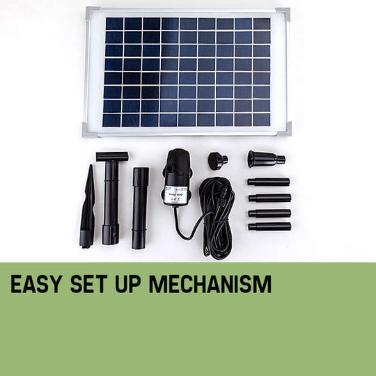 Protege 50W solar fountain kit with easy setup mechanism, including solar panel and pump components.