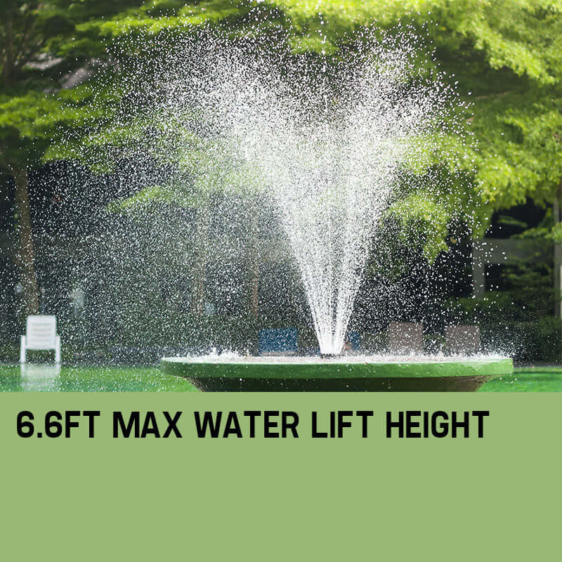 6.6ft max water lift height of Protege solar powered fountain in a serene garden setting.