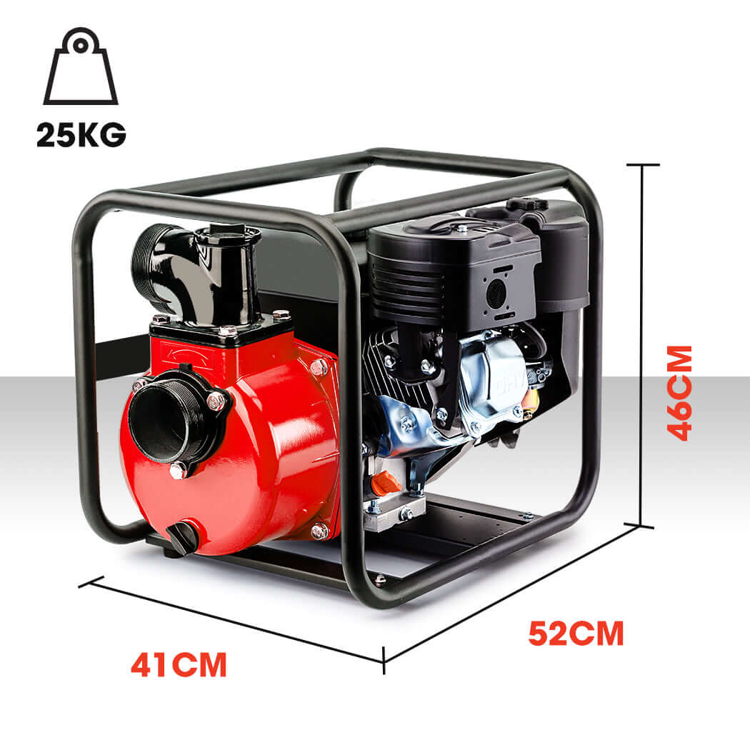 Warton 8HP petrol water transfer pump image with dimensions, ideal for affordable DIY fire fighting and irrigation solutions.