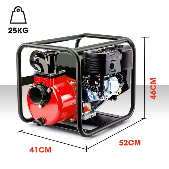 Warton 8HP petrol water transfer pump image with dimensions, ideal for affordable DIY fire fighting and irrigation solutions.