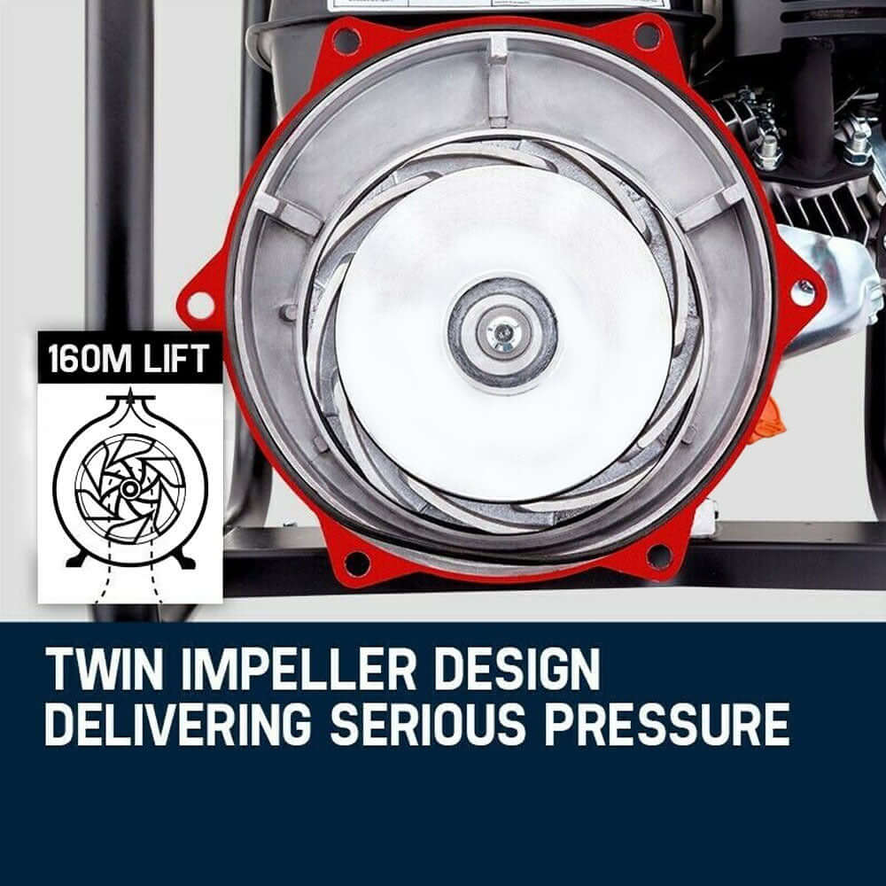 WARTON petrol water pump twin impeller design showcasing 160m lift for powerful fire fighting pressure.