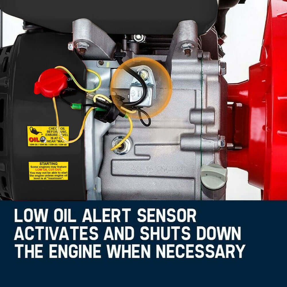 Close-up of Warton petrol water pump engine showing low oil alert sensor and features for safety during operation.