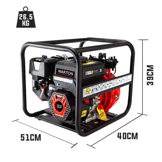 WARTON petrol water pump features sturdy design, dimensions 51x40x39 cm, and weighs 26.5 kg for effective fire fighting and irrigation.