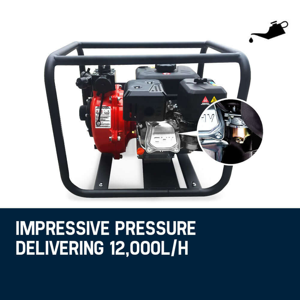 WARTON Petrol Water Pump delivers impressive pressure, 12,000L/h, perfect for fire fighting and irrigation tasks.