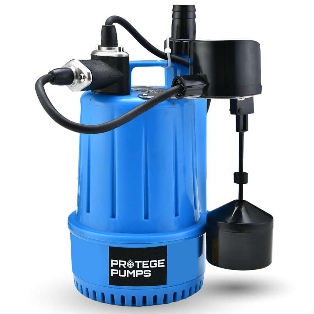 PROTEGE Tight Access Submersible Pump in blue with vertical float switch, ideal for DIY and affordable quality.