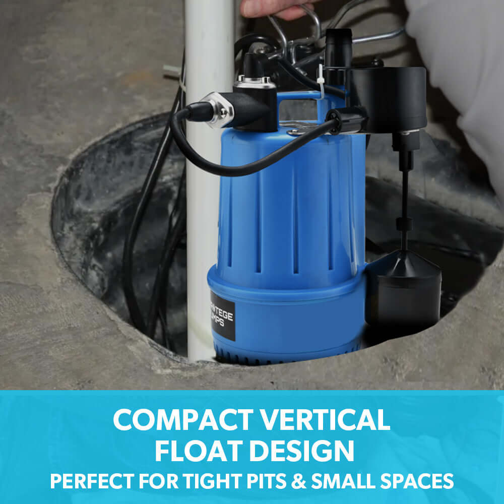 Compact vertical submersible sump pump with float switch, perfect for tight pits and small spaces.