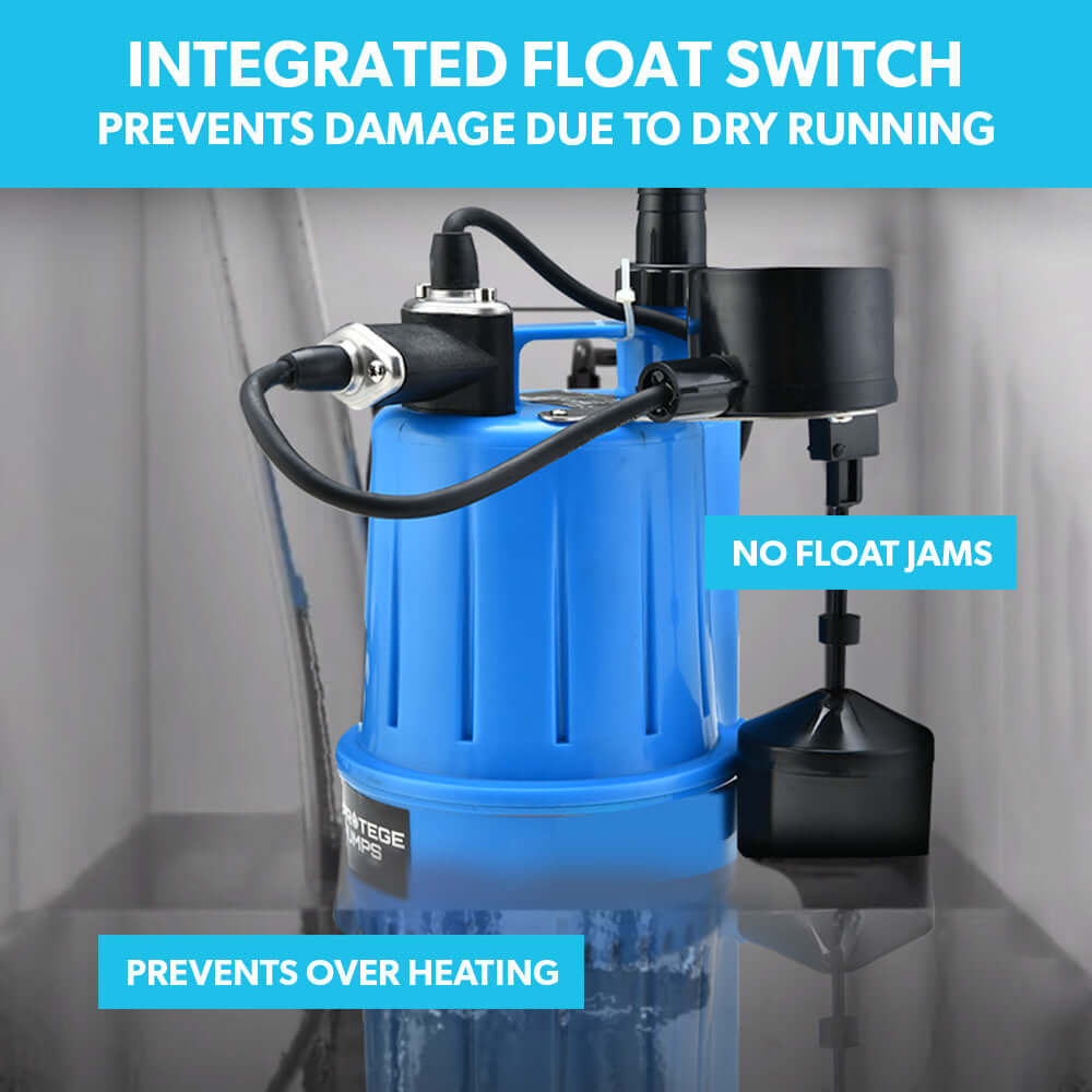 Blue submersible sump pump with integrated float switch preventing dry running and overheating, ideal for DIY and affordable solutions.