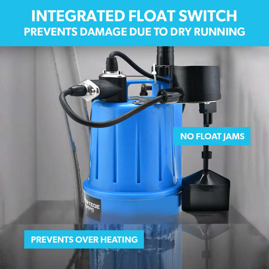 Blue submersible sump pump with integrated float switch preventing dry running and overheating, ideal for DIY and affordable solutions.