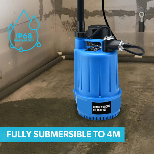 PROTEGE submersible sump pump with IP68 waterproof rating, fully submersible up to 4m, ideal for DIY and garden use.