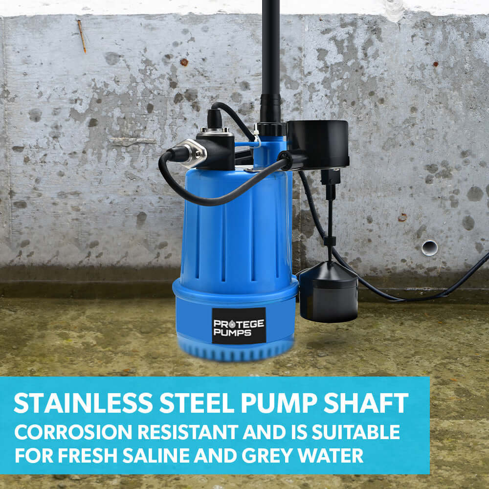 PROTEGE grey water submersible pump with stainless steel shaft, corrosion resistant for home and garden use.