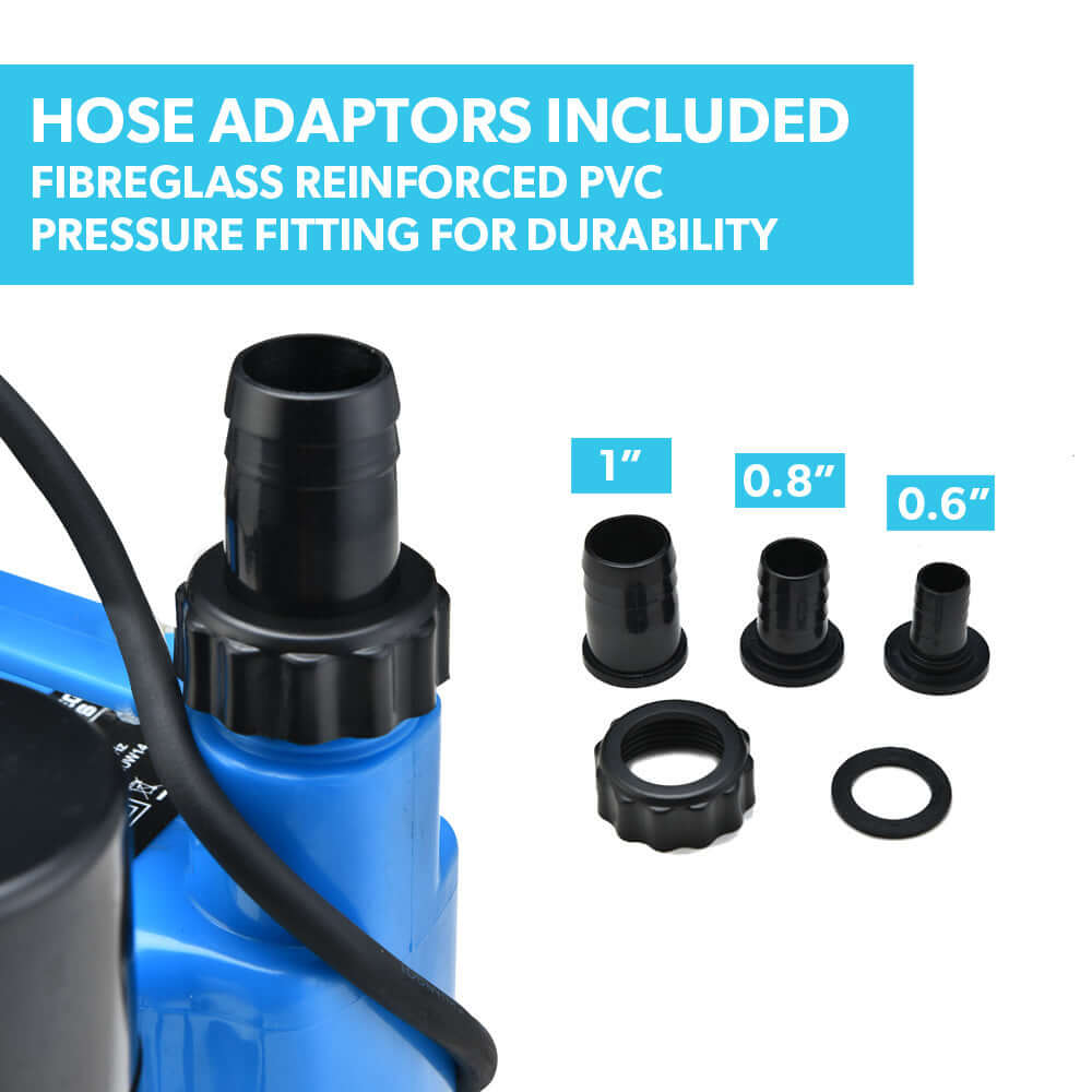 Image showing hose adaptors included with the Protege grey-water pump, featuring durable fiberglass reinforced PVC fittings.