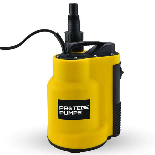 PROTEGE Tight Access Submersible Sump Pump in yellow, compact design, ideal for affordable DIY water drainage solutions.