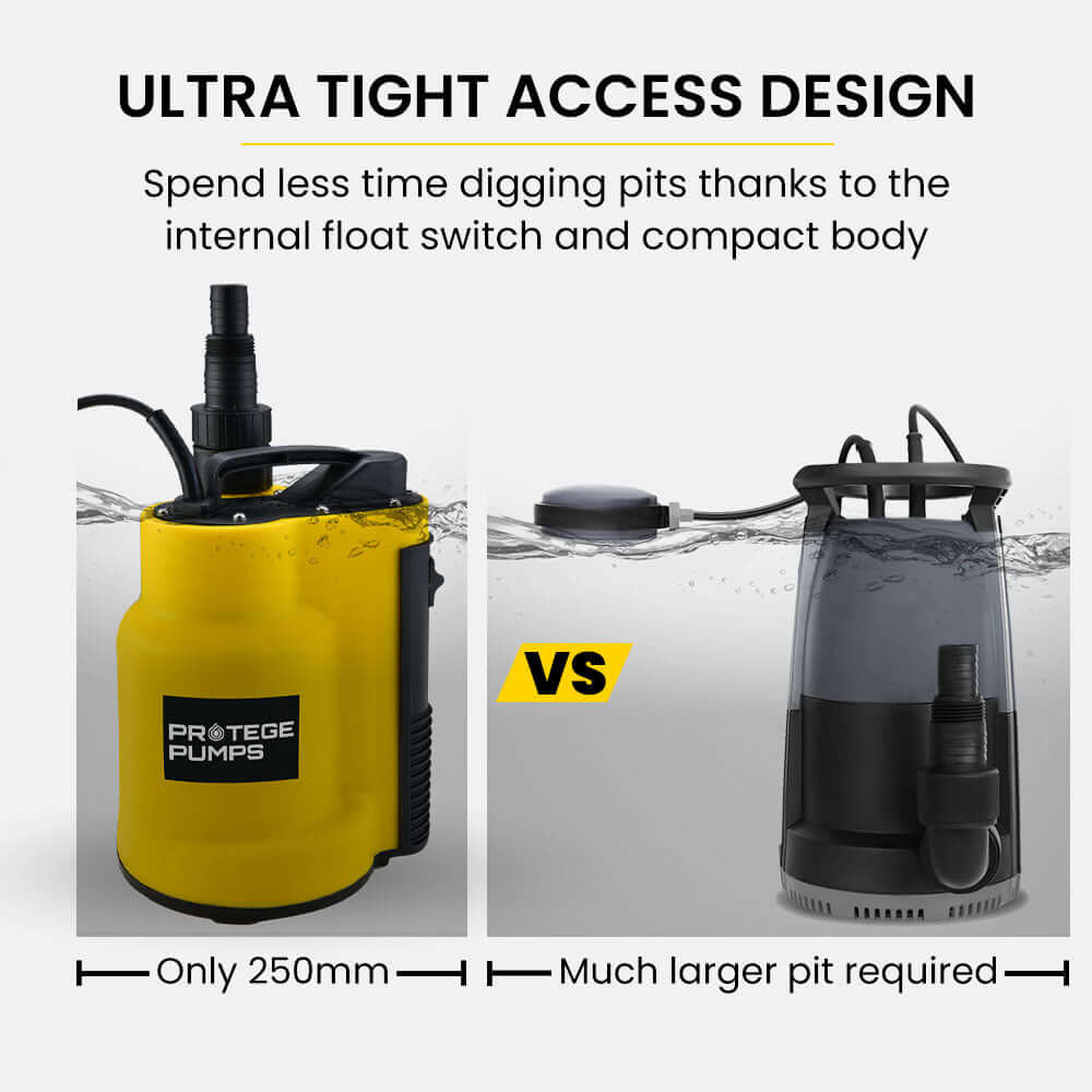 Comparison of Protege submersible pump's tight access design versus a larger pit pump.