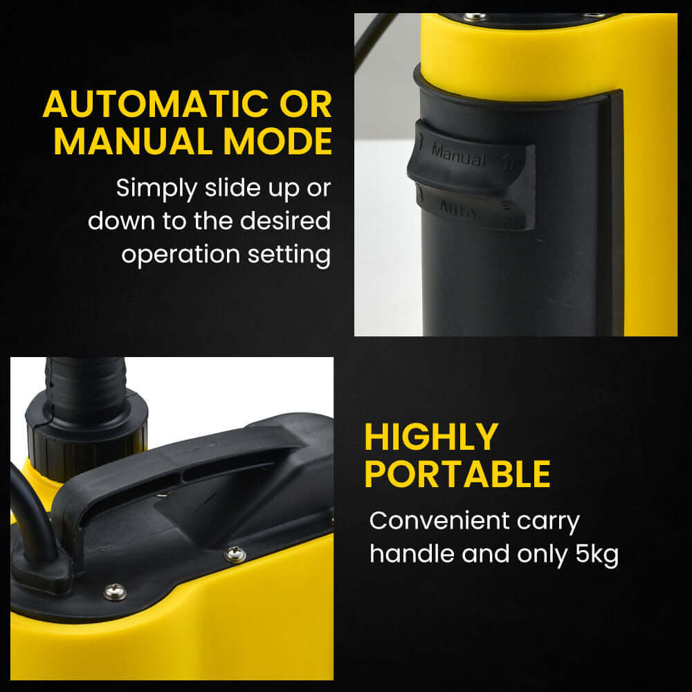 Protege submersible pump features automatic/manual mode and portable design with 5kg carry handle.