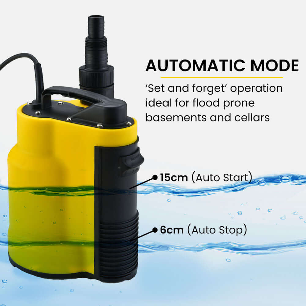 PROTEGE submersible sump pump in automatic mode with features for flood protection in basements and cellars.