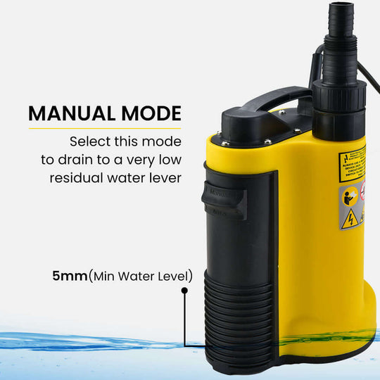 Protege submersible drainage pump in manual mode, showing minimal water level of 5mm for effective low-level drainage.