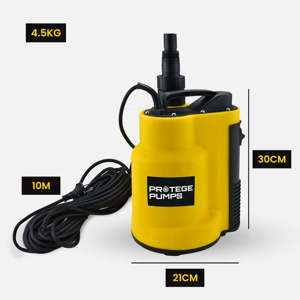 PROTEGE submersible sump pump designed for clean and grey water, featuring a 400W motor and integrated float switch.