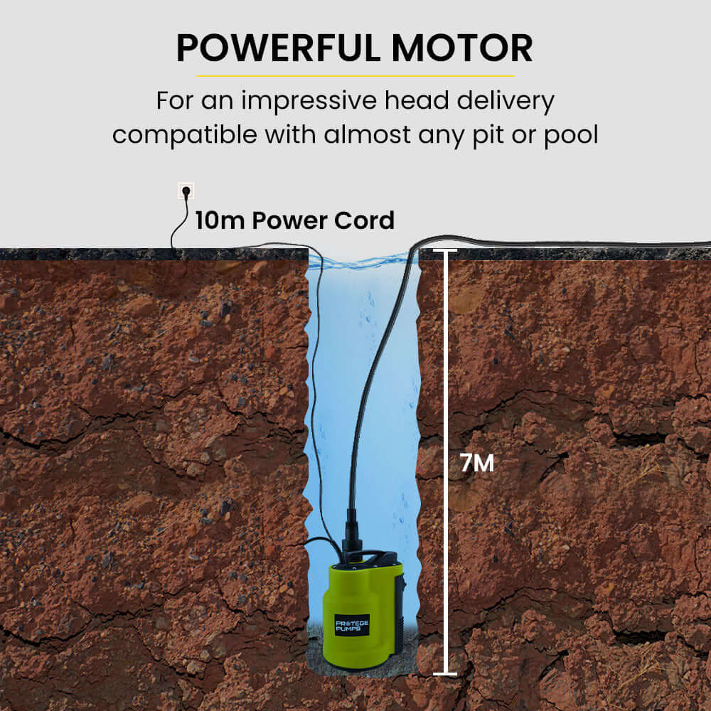 Protege submersible sump pump with 7m head capability and 10m power cord, ideal for efficient drainage solutions.