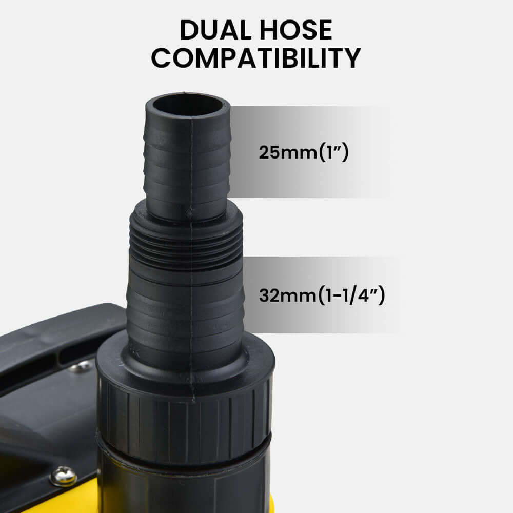 Close-up of PROTEGE sump pump showing dual hose compatibility: 25mm and 32mm connections for versatile drainage.