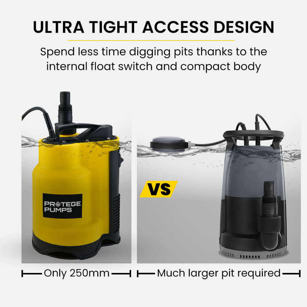 Comparison of Protege submersible pump with ultra tight access design versus larger model for easy pit digging.