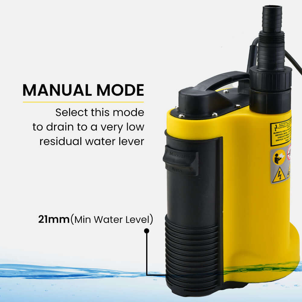 PROTEGE submersible sump pump with manual mode for draining residual water, designed for DIY and affordable flood recovery.