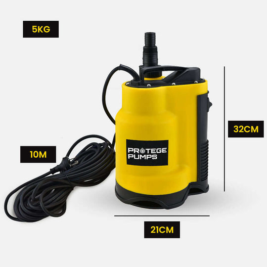 Protege PRD-M7 yellow submersible dirty water pump with integrated float switch, 5kg, 32cm height, measures 21cm, 10m cord.