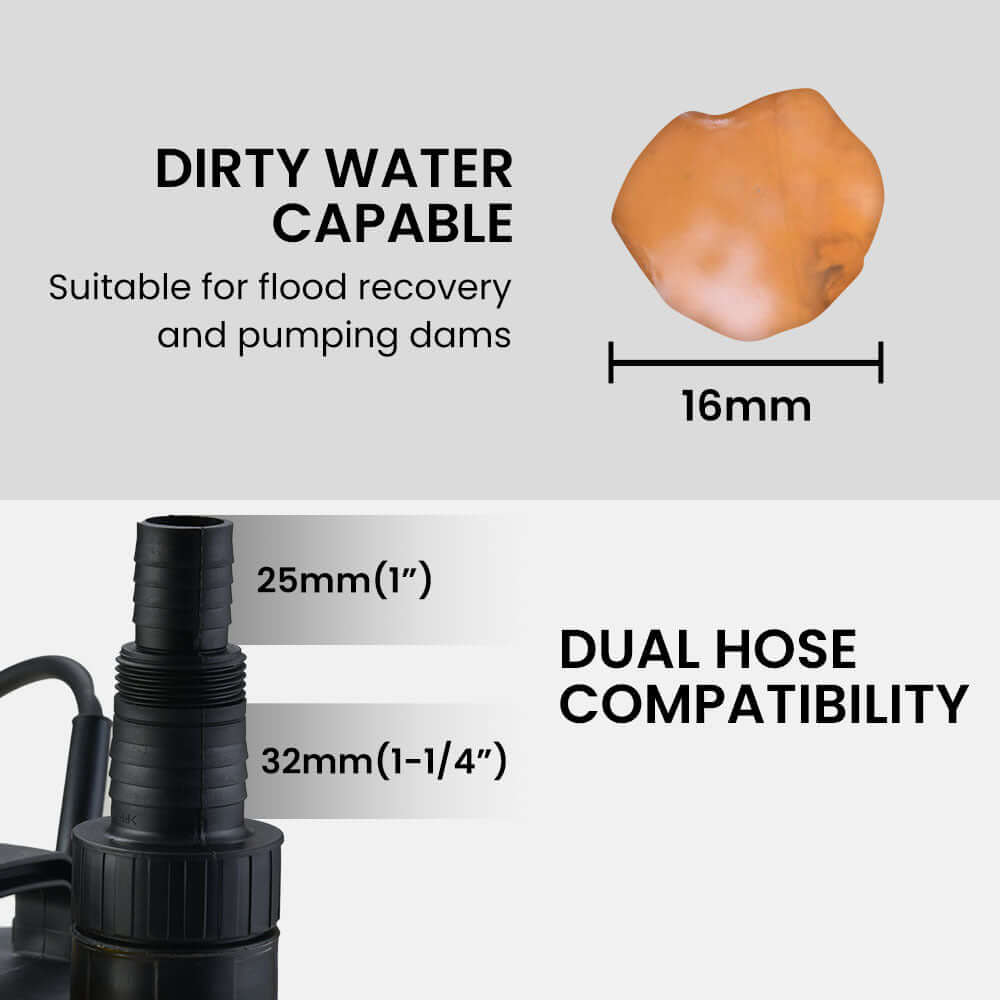 Dirty water capable submersible sump pump with 16mm solids, dual hose compatibility for flood recovery and drainage.