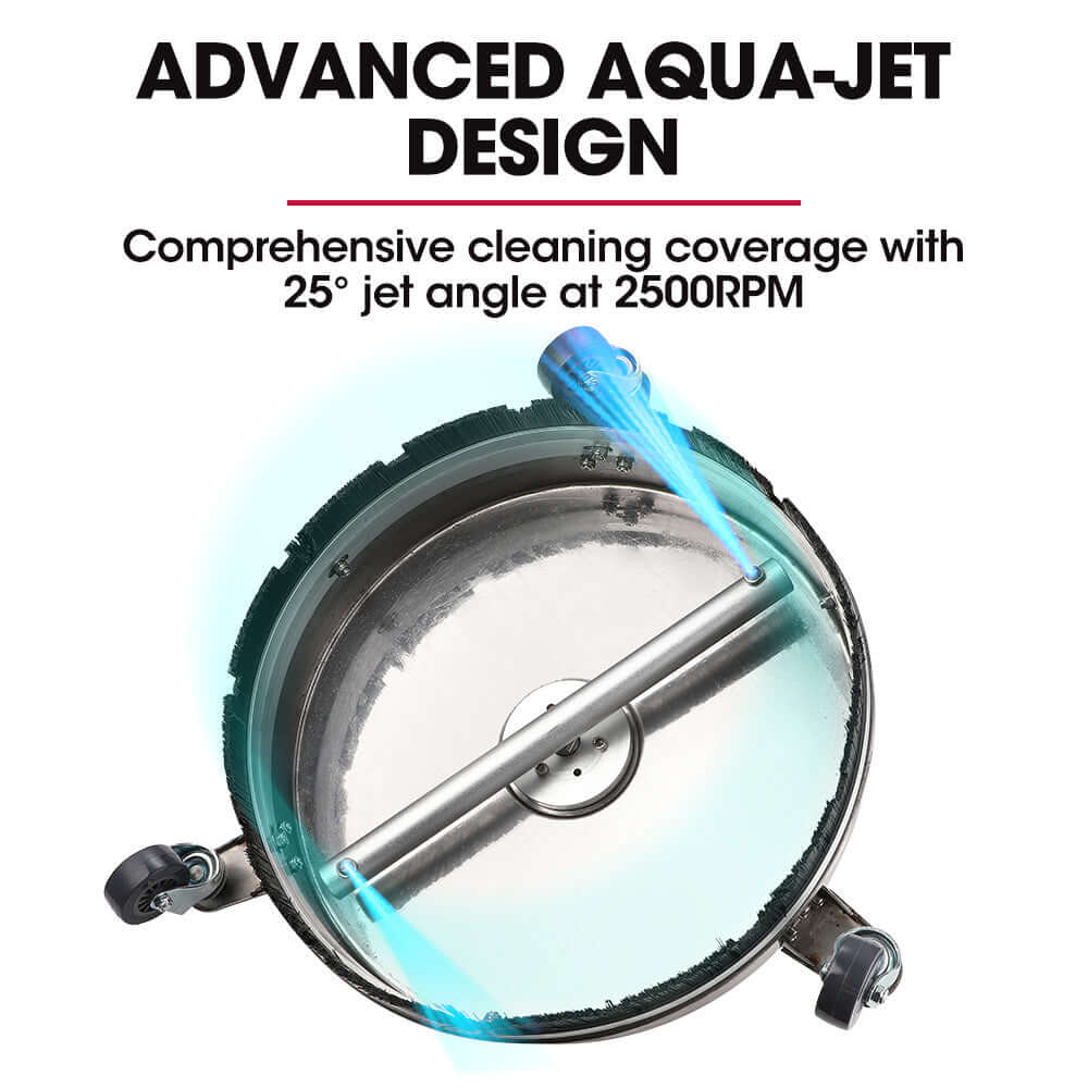 Jet-USA 18" stainless steel surface cleaner with advanced aqua-jet design for effective concrete cleaning at 2500 RPM.