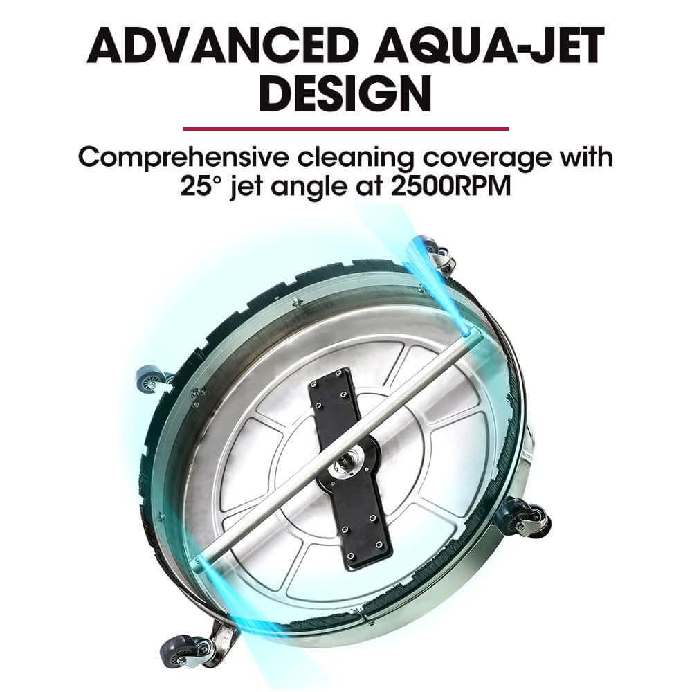 Jet-USA advanced aqua-jet design for efficient surface cleaning at 2500 RPM with optimized 25° angle.