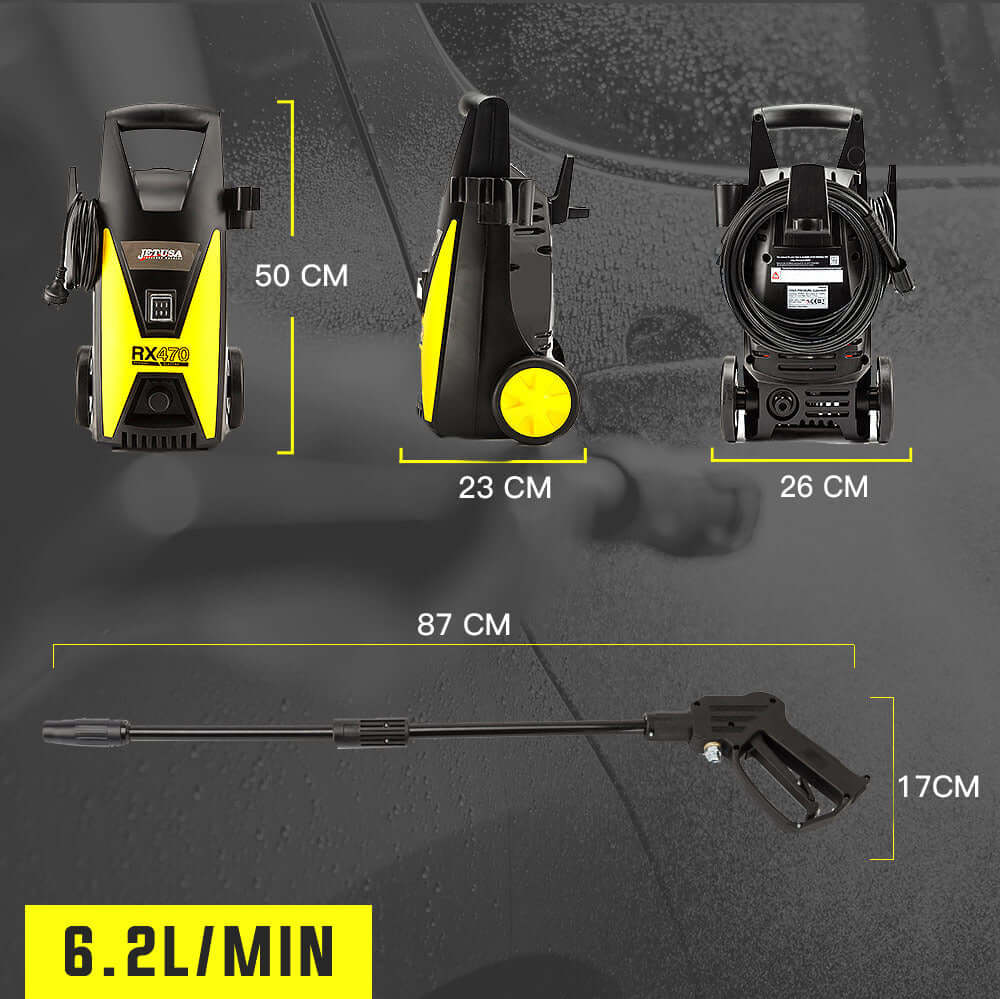 JET-USA RX470 high pressure washer dimensions, 1800 PSI, 6.2L/min, compact and affordable DIY cleaner.