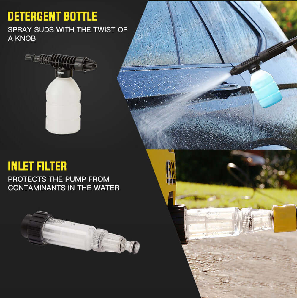 JET-USA pressure washer accessories: detergent bottle for suds and inlet filter for pump protection.