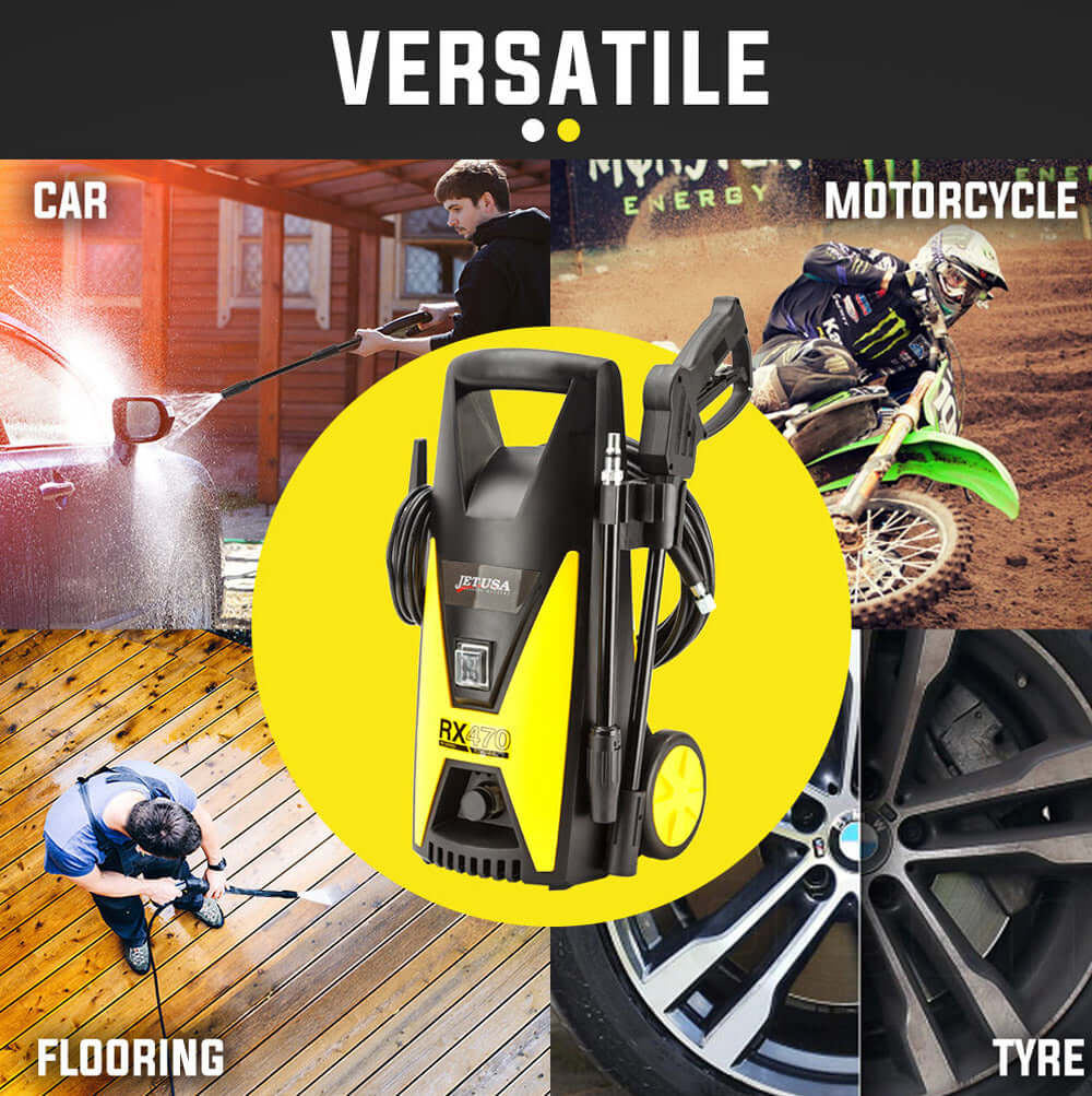 JET-USA RX470 high pressure washer for cars, motorcycles, flooring, and tires; affordable and versatile for DIY tasks.