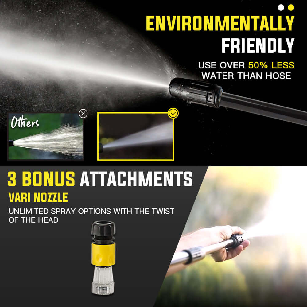 Eco-friendly pressure washer with 3 bonus attachments, using 50% less water than a standard hose.