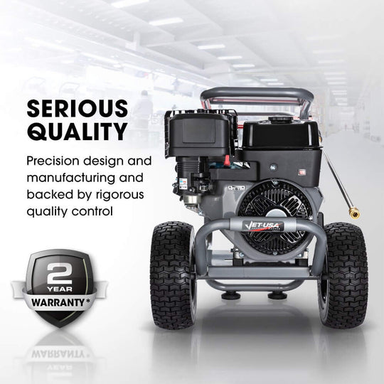 JET-USA 5000PSI Commercial Pressure Washer showcasing quality design features and 2-year warranty.