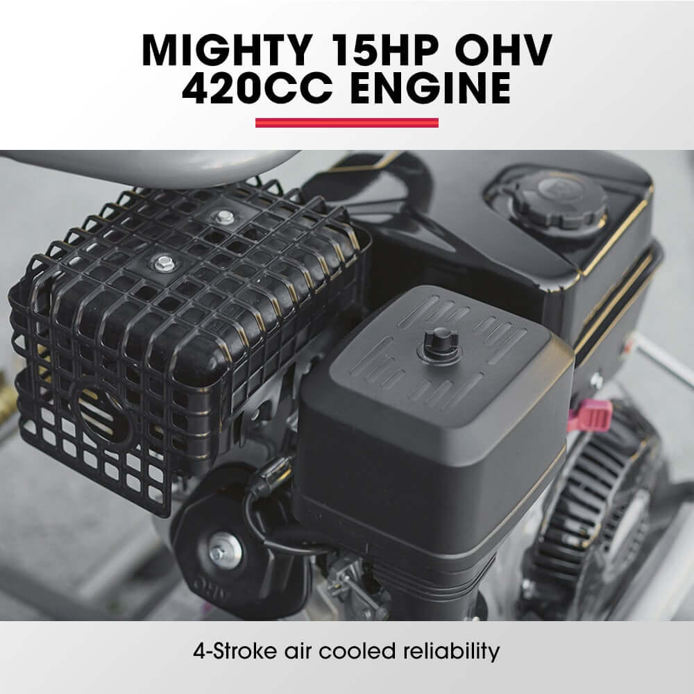 Close-up of 15HP OHV 420cc engine showcasing its 4-stroke air-cooled design for reliable performance.