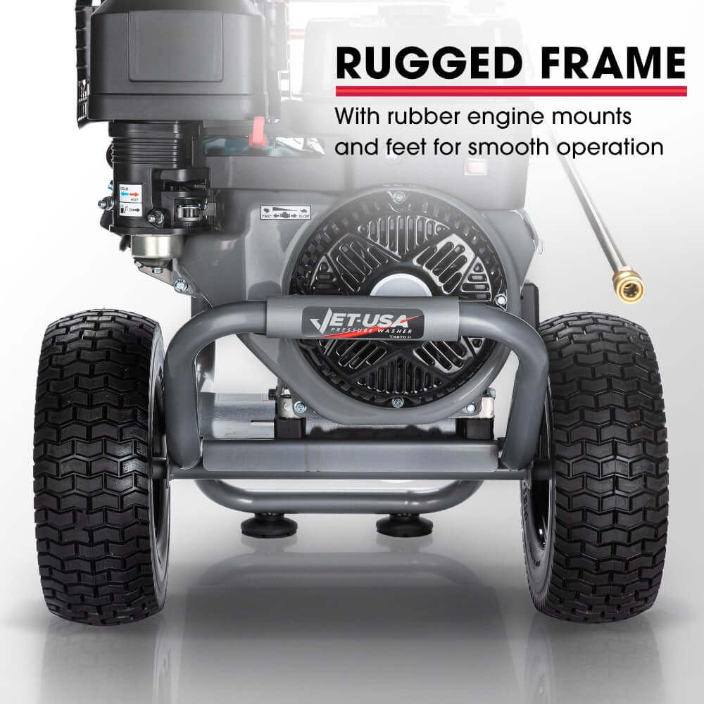 Rugged frame of JET-USA pressure washer with rubber mounts and wheels for smooth operation.