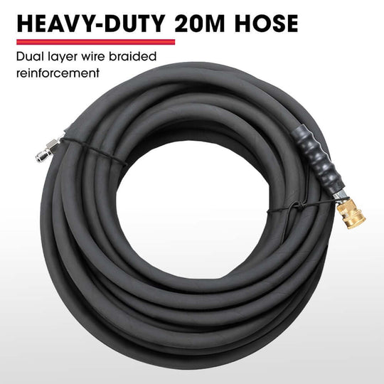 Heavy-duty 20m pressure washer hose with dual layer wire braided reinforcement for durability.