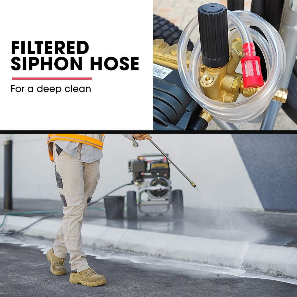 Filtered siphon hose for deep cleaning with JET-USA pressure washer in use.