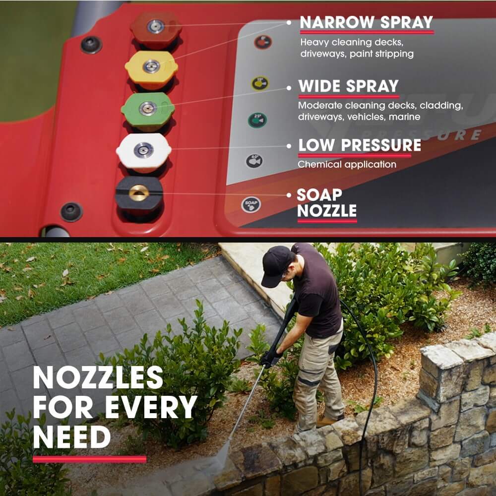 Pressure washer nozzle guide showing narrow, wide, low pressure, and soap options for versatile cleaning in one image.