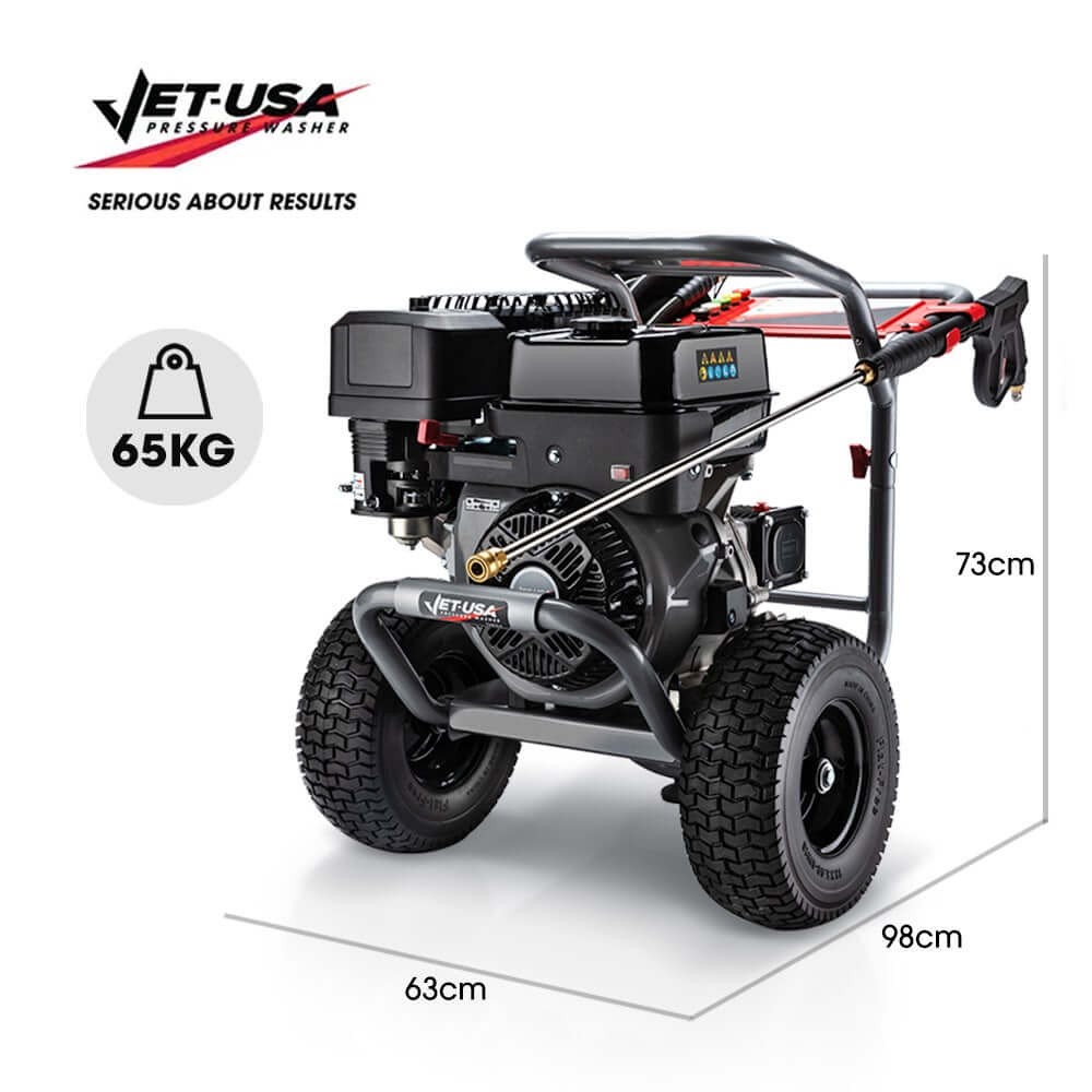 JET-USA 5000PSI petrol powered pressure washer, 15HP, 420cc, adjustable pump, dimensions and weight shown.