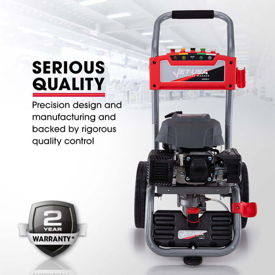 Jet-USA 4800PSI pressure cleaner showcasing serious quality and durable design with 2-year warranty badge.