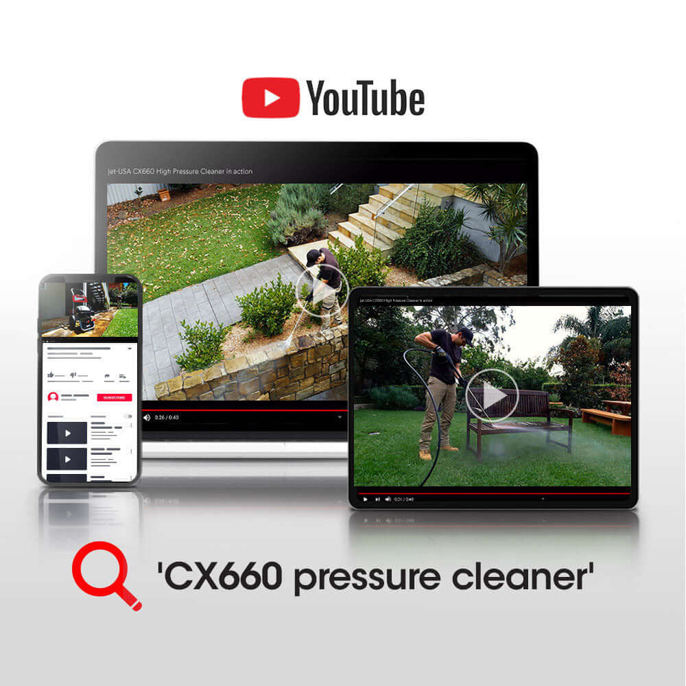 Video demonstration of the Jet-USA CX660 pressure cleaner on multiple devices, showcasing its effective cleaning performance.