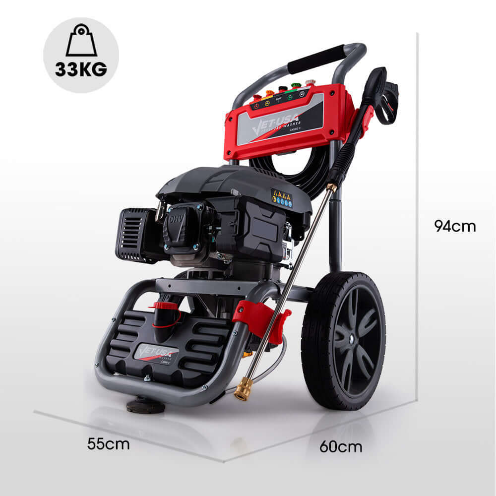 Jet-USA 4800PSI petrol-powered high pressure cleaner, compact design with wheels, dimensions 55cm x 60cm x 94cm.