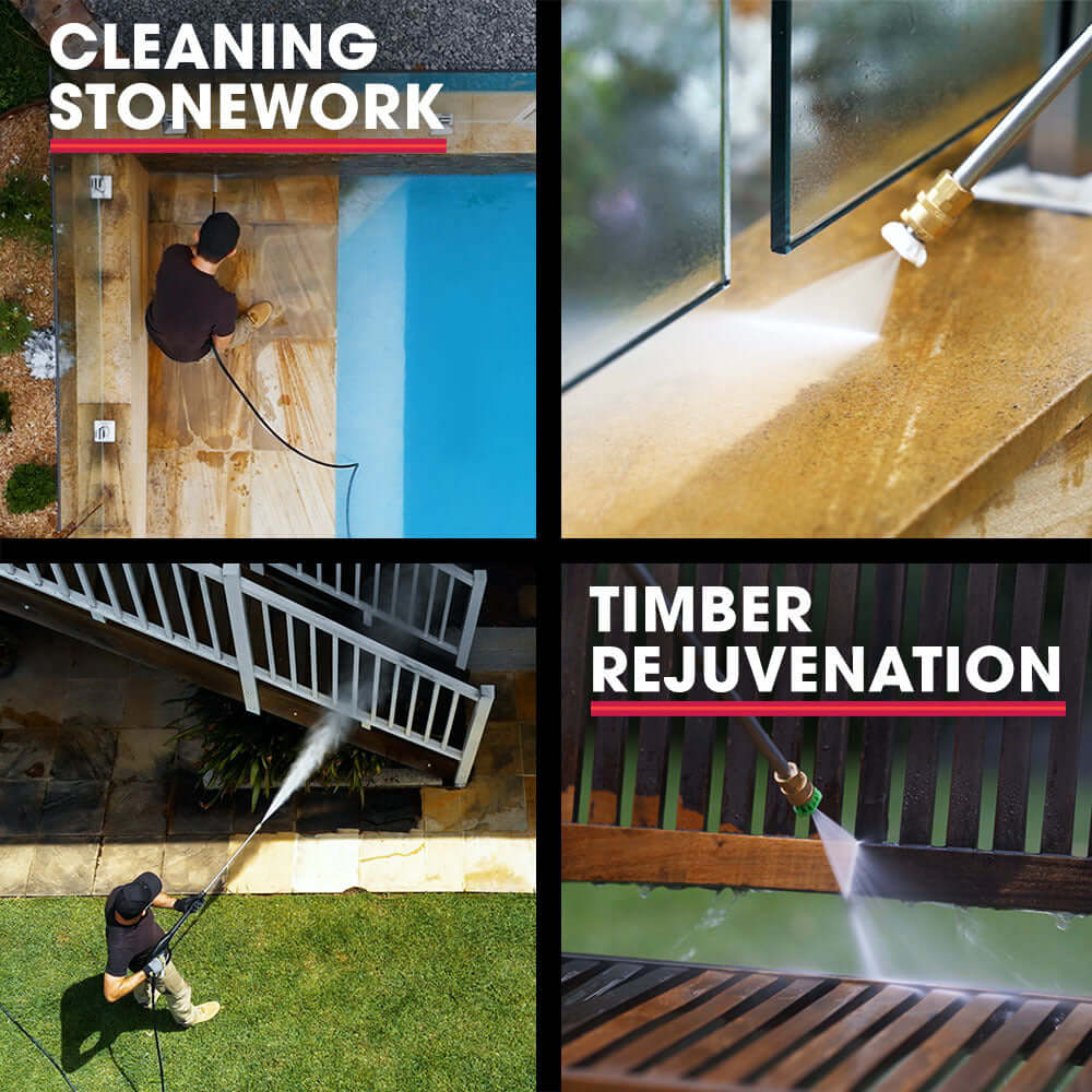 Cleaning stonework and rejuvenating timber with Jet-USA pressure washer for effective DIY maintenance.