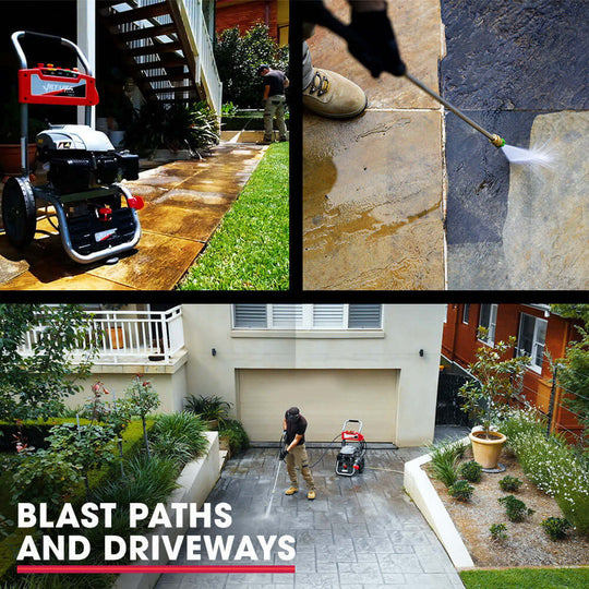 Jet-USA 4800PSI pressure washer in action cleaning paths and driveways, showcasing quality and affordability.