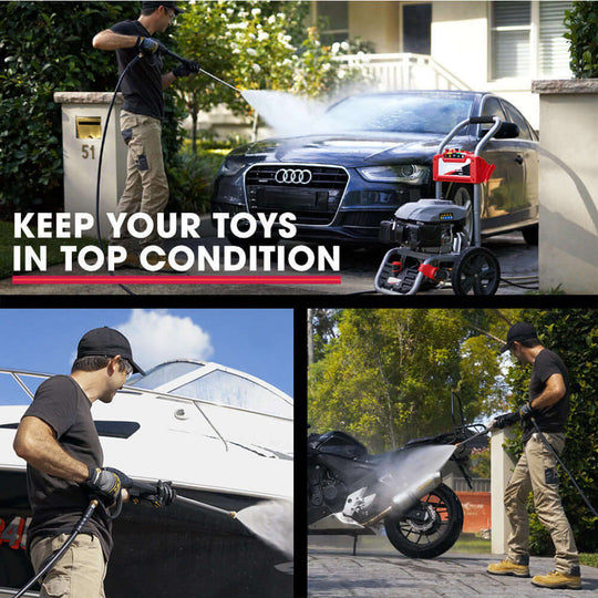 Jet-USA high pressure cleaner in action, washing a car, boat, and motorcycle for affordable DIY maintenance.