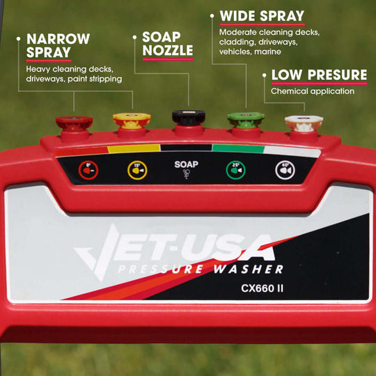 Jet-USA pressure washer control panel showcasing spray settings: narrow, wide, soap and low pressure options.