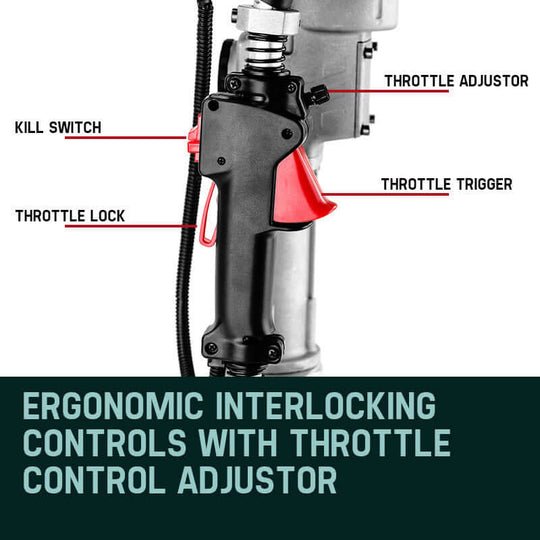 Close-up of ergonomic controls on Baumr-AG Petrol Post Driver showcasing throttle adjustor and safety features.