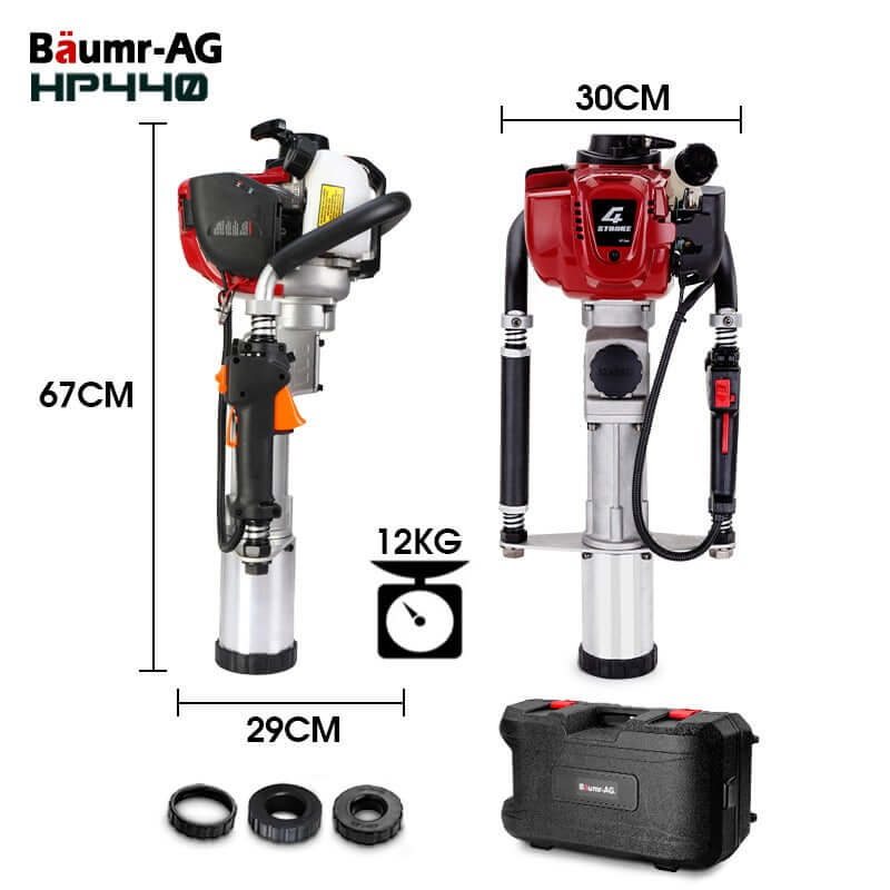 Baumr-AG Petrol Post Driver 4-Stroke, 67CM height, 12KG weight, ideal for DIY projects, offering affordable quality.